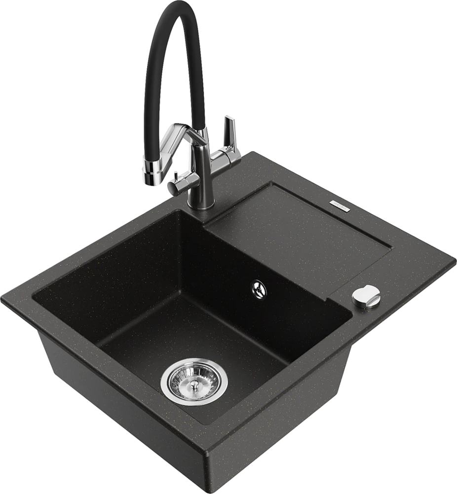 Granitinė virtuvinė plautuvė Mexen Enzo su maišytuvu ir sifonu, Metallic juodas/auksinis+Juodas/Chrome