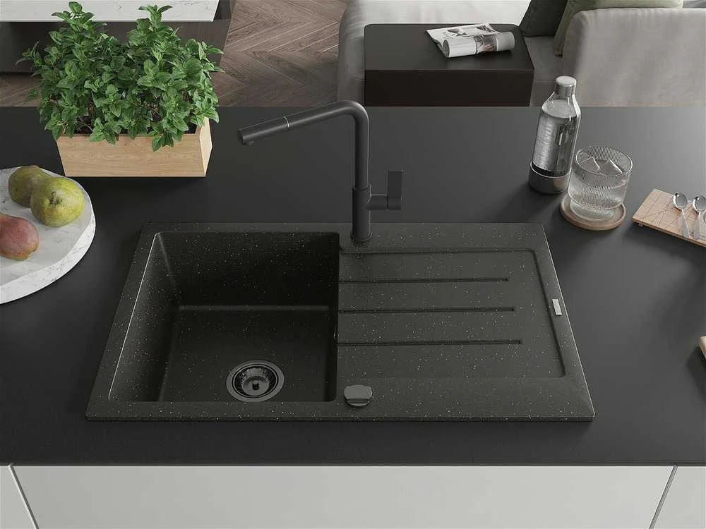 Granitinė virtuvinė plautuvė Mexen Bruno su maišytuvu ir sifonu, Metallic juodas/auksinis+Juodas