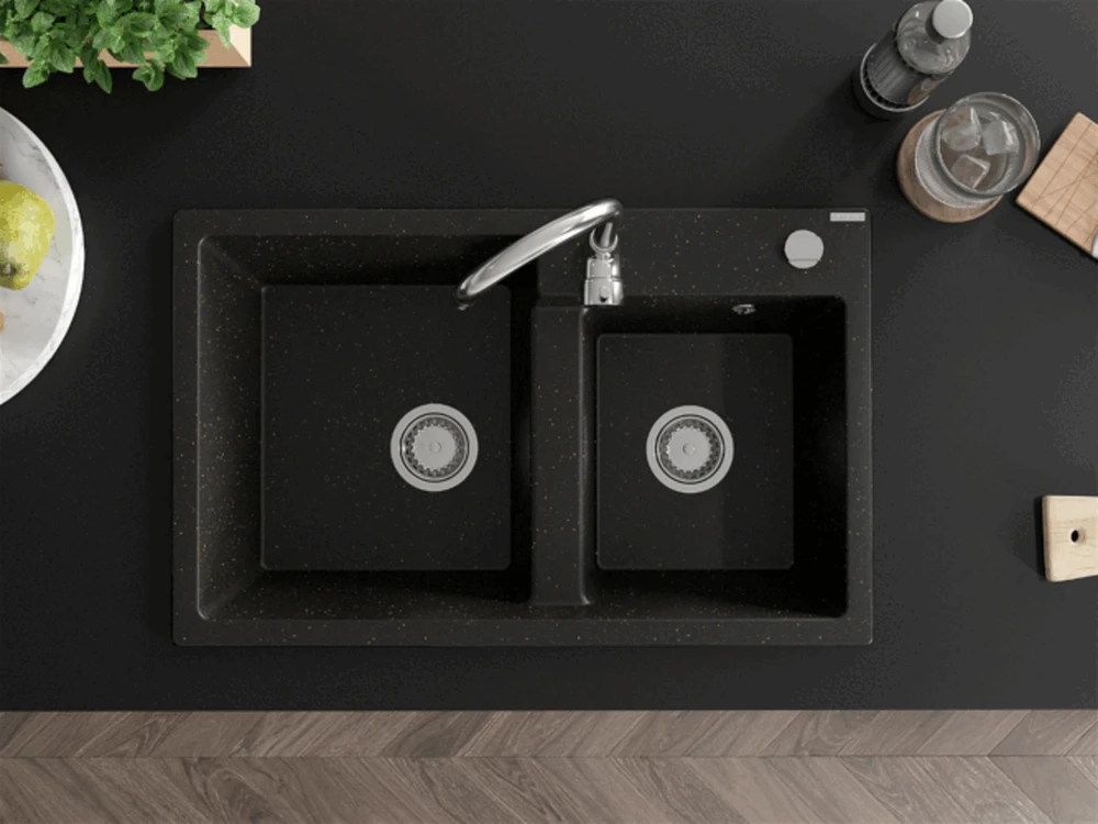 Granitinė virtuvinė plautuvė Mexen Tomas su maišytuvu ir sifonu, Metallic juodas/auksinis+Chrome