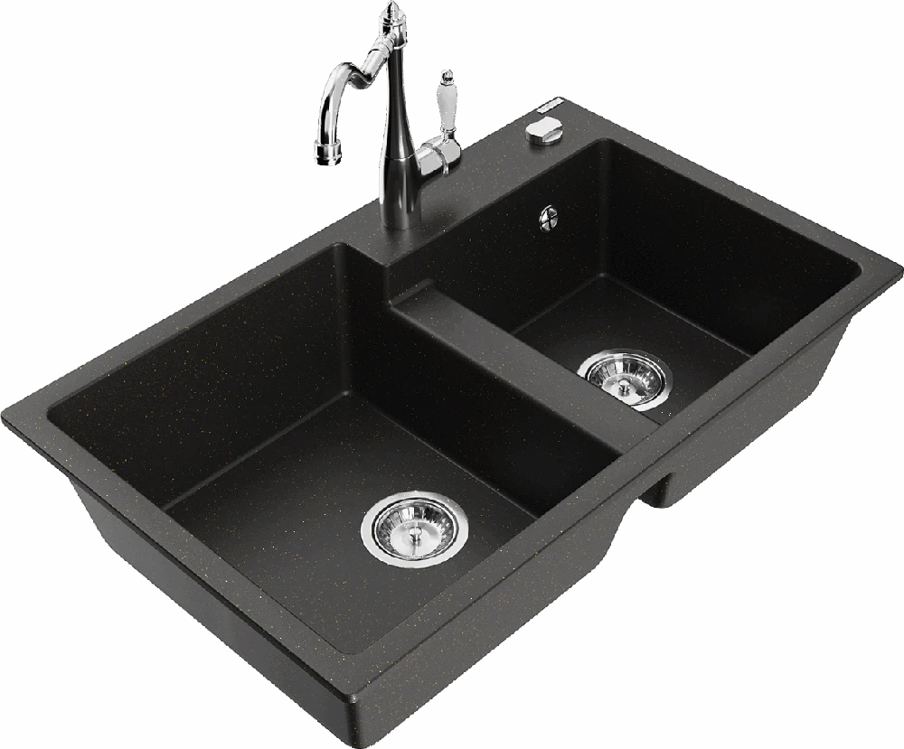 Granitinė virtuvinė plautuvė Mexen Tomas su maišytuvu ir sifonu, Metallic juodas/auksinis+Chrome