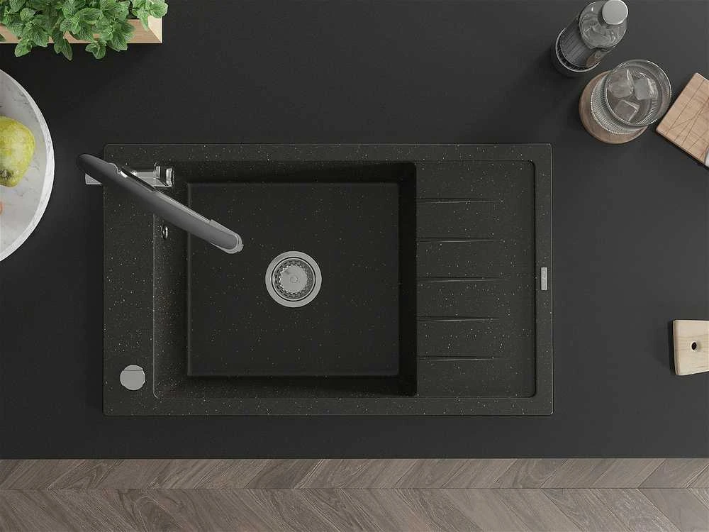 Granitinė virtuvinė plautuvė Mexen Elias su maišytuvu ir sifonu, Metallic juodas/auksinis+Juodas/Chrome