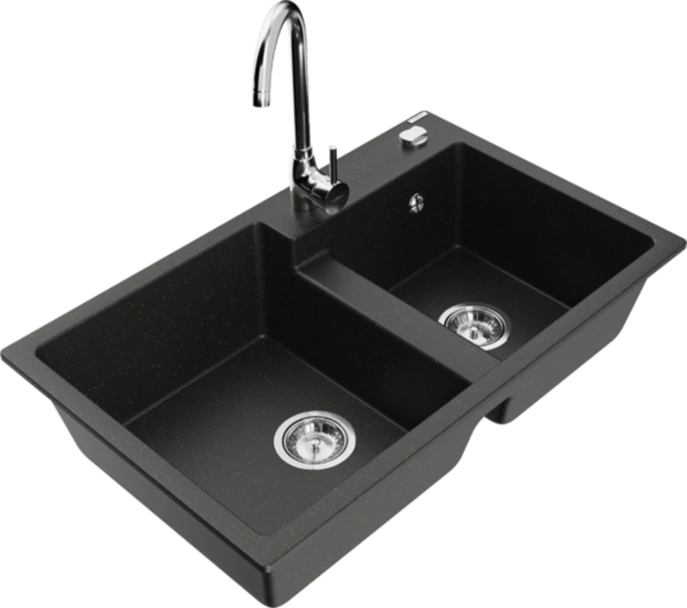 Granitinė virtuvinė plautuvė Mexen Tomas su maišytuvu ir sifonu, Metallic juodas/auksinis+Chrome