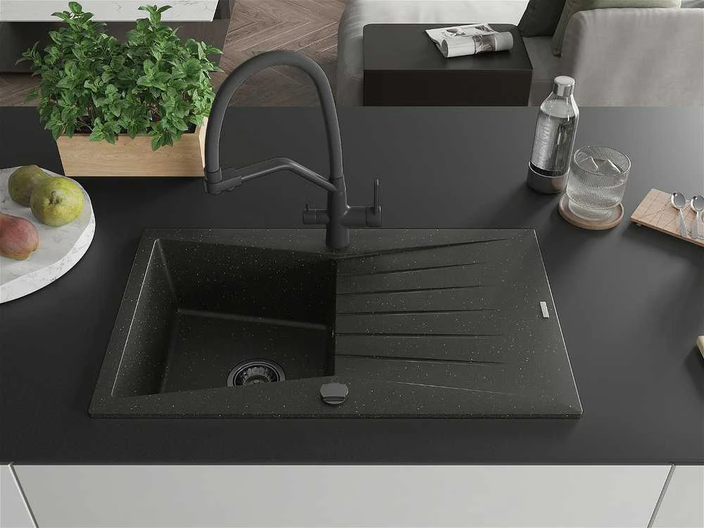 Granitinė virtuvinė plautuvė Mexen Cesar su maišytuvu ir sifonu, Metallic juodas/auksinis+Juodas