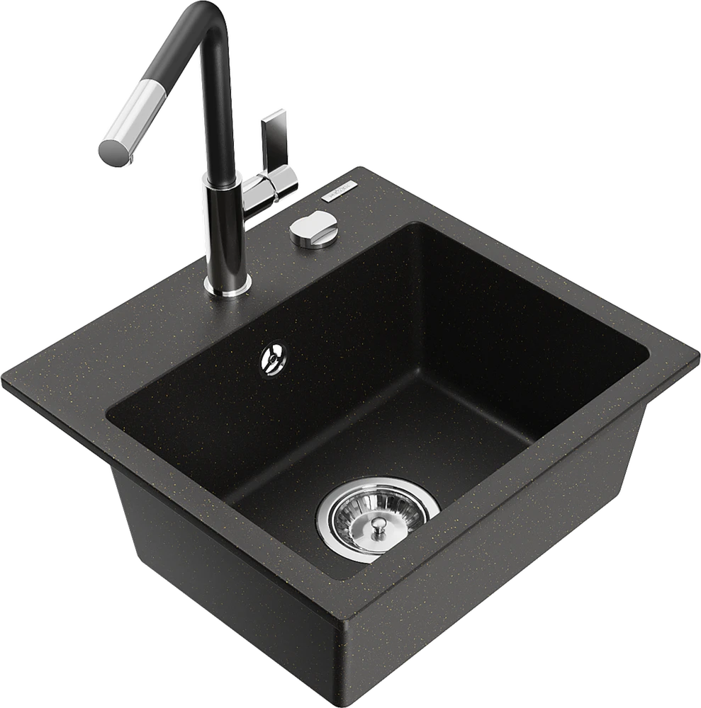 Granitinė virtuvinė plautuvė Mexen Milo su maišytuvu ir sifonu, Metallic juodas/auksinis+Juodas/Chrome