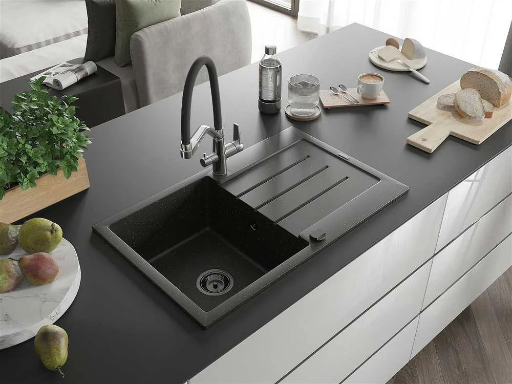 Granitinė virtuvinė plautuvė Mexen Bruno su maišytuvu ir sifonu, Metallic juodas/auksinis+Juodas/Chrome