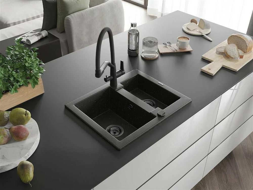 Granitinė virtuvinė plautuvė Mexen Carlos su maišytuvu ir sifonu, Metallic juodas/auksinis+Juodas