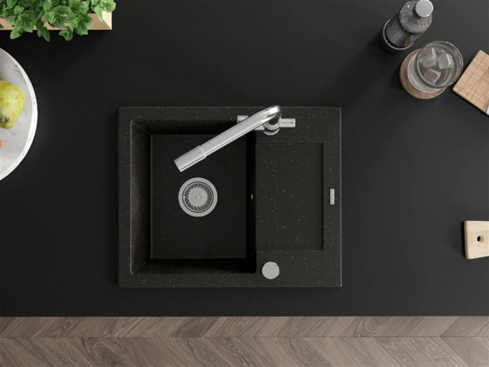 Granitinė virtuvinė plautuvė Mexen Enzo su maišytuvu ir sifonu, Metallic juodas/auksinis+Chrome
