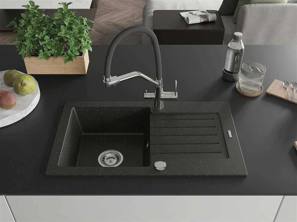 Granitinė virtuvinė plautuvė Mexen Pablo su maišytuvu ir sifonu, Metallic juodas/auksinis+Juodas/Chrome