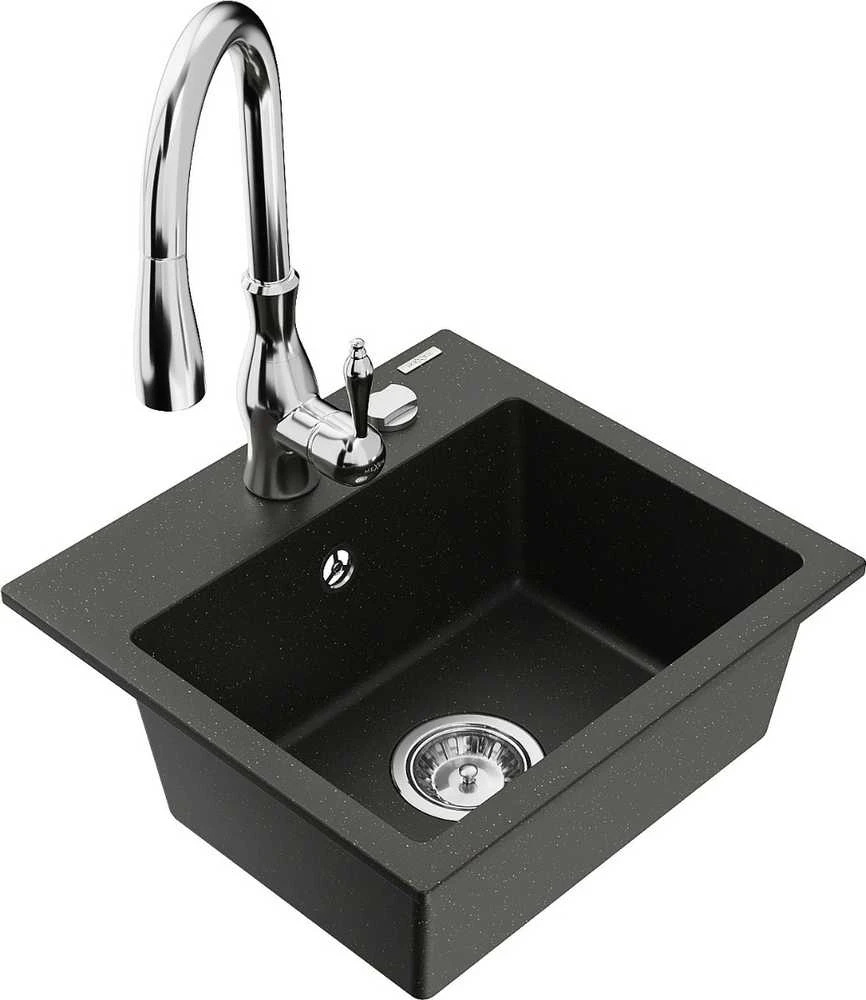 Granitinė virtuvinė plautuvė Mexen Milo su maišytuvu ir sifonu, Metallic juodas/auksinis+Chrome