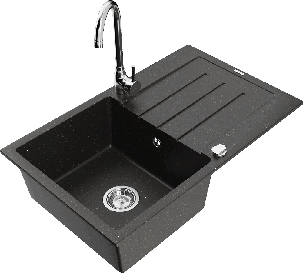 Granitinė virtuvinė plautuvė Mexen Bruno su maišytuvu ir sifonu, Metallic juodas/auksinis+Chrome