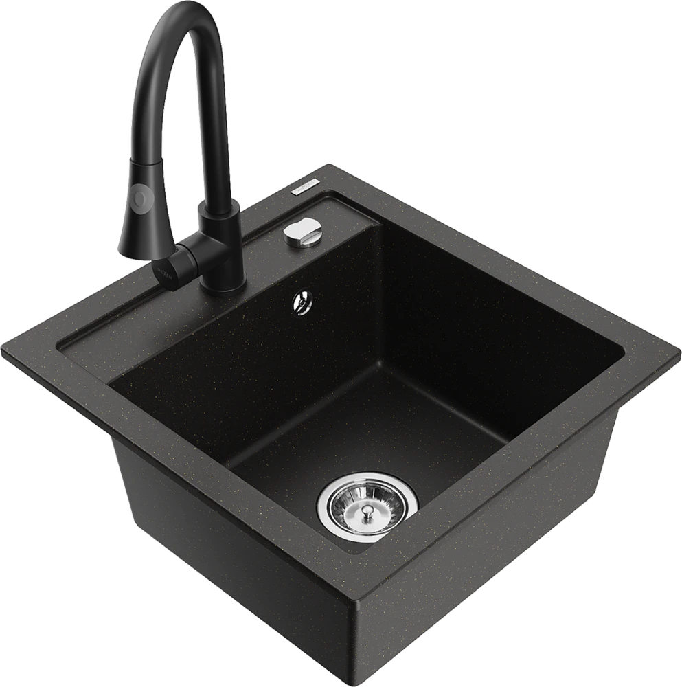 Granitinė virtuvinė plautuvė Mexen Vito su maišytuvu ir sifonu, Metallic juodas/auksinis+Juodas