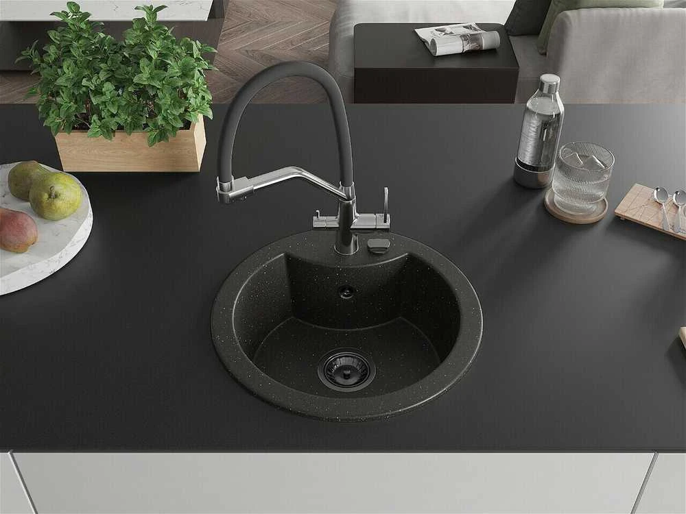 Granitinė virtuvinė plautuvė Mexen Diego su maišytuvu ir sifonu, Metallic juodas/auksinis+Juodas/Chrome
