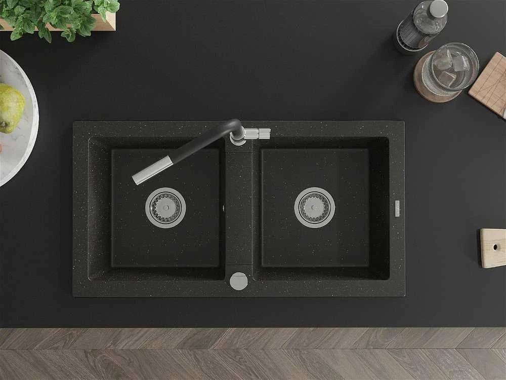 Granitinė virtuvinė plautuvė Mexen Mario su maišytuvu ir sifonu, Metallic juodas/auksinis+Juodas/Chrome