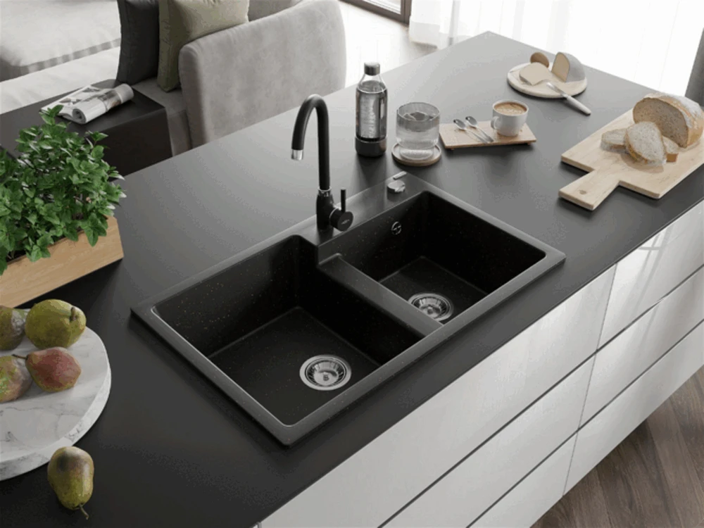 Granitinė virtuvinė plautuvė Mexen Tomas su maišytuvu ir sifonu, Metallic juodas/auksinis+Juodas