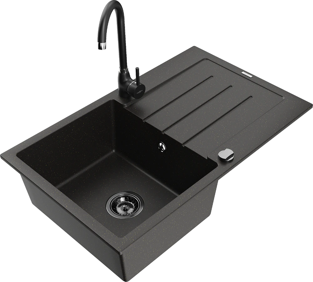 Granitinė virtuvinė plautuvė Mexen Bruno su maišytuvu ir sifonu, Metallic juodas/auksinis+Juodas