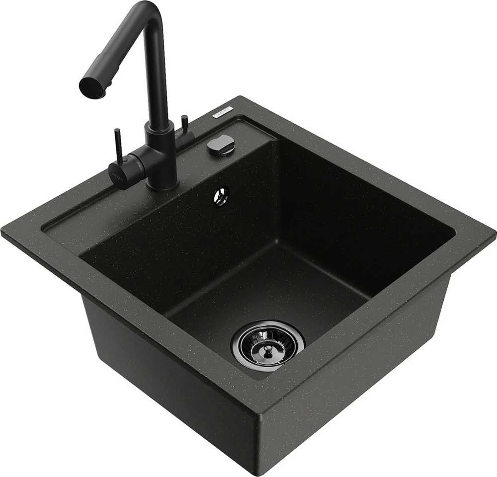 Granitinė virtuvinė plautuvė Mexen Vito su maišytuvu ir sifonu, Metallic juodas/auksinis+Juodas