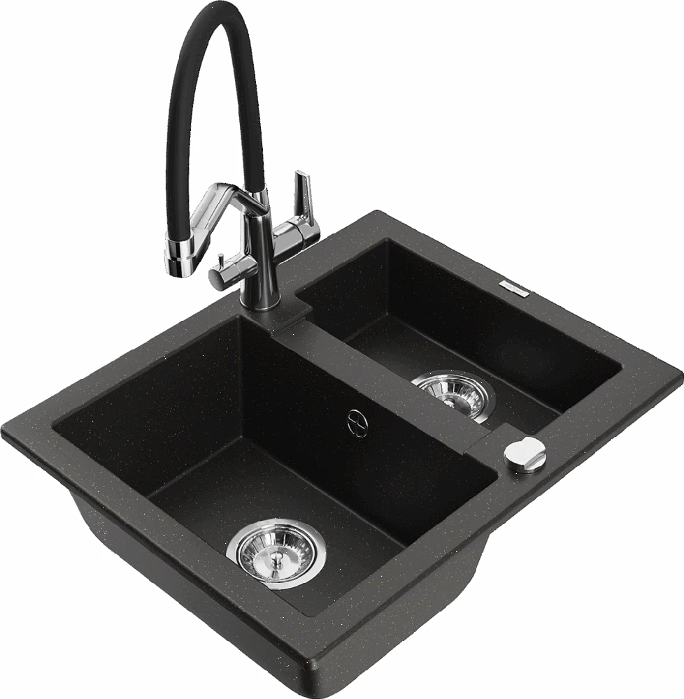 Granitinė virtuvinė plautuvė Mexen Carlos su maišytuvu ir sifonu, Metallic juodas/auksinis+Juodas/Chrome