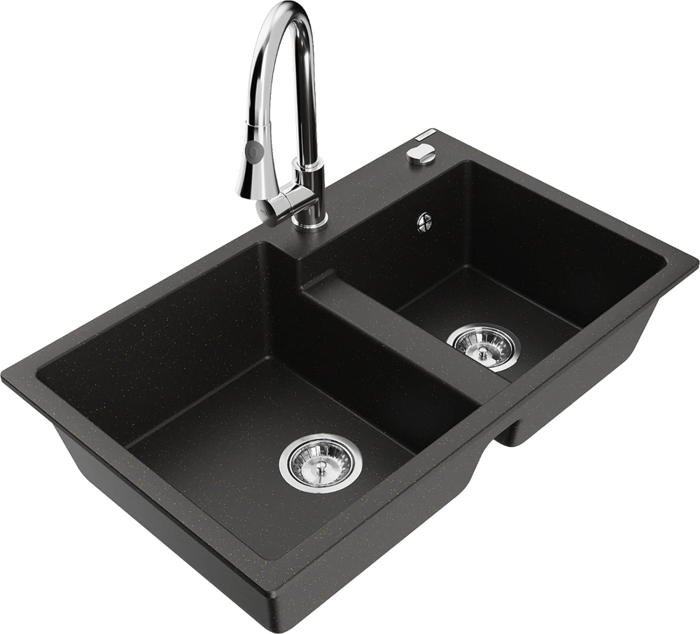 Granitinė virtuvinė plautuvė Mexen Tomas su maišytuvu ir sifonu, Metallic juodas/auksinis+Chrome