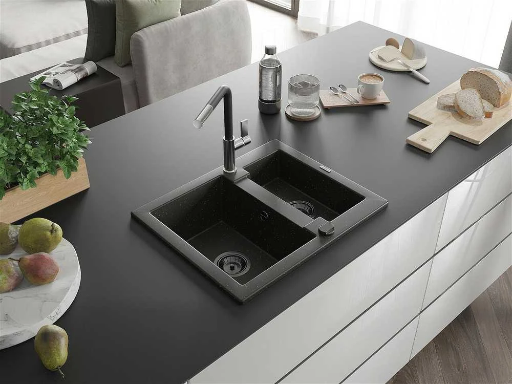 Granitinė virtuvinė plautuvė Mexen Carlos su maišytuvu ir sifonu, Metallic juodas/auksinis+Juodas/Chrome