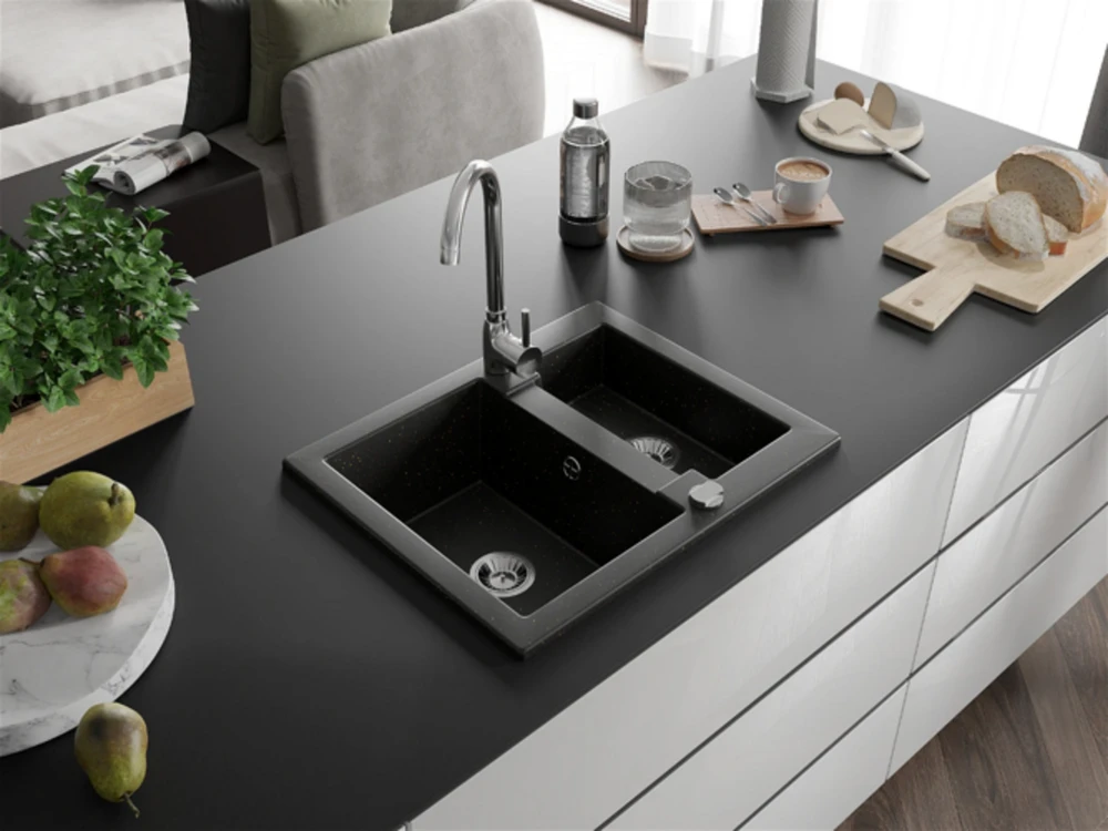Granitinė virtuvinė plautuvė Mexen Carlos su maišytuvu ir sifonu, Metallic juodas/auksinis+Chrome