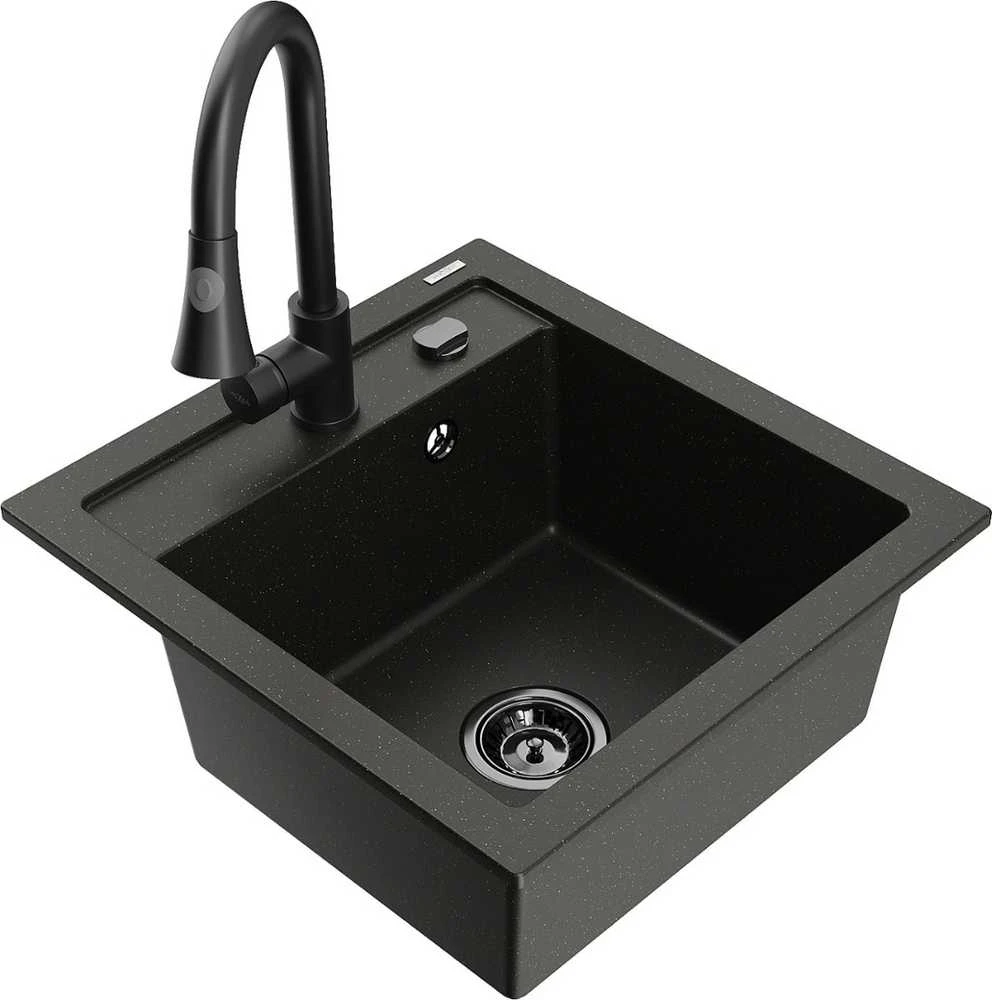 Granitinė virtuvinė plautuvė Mexen Vito su maišytuvu ir sifonu, Metallic juodas/auksinis+Juodas