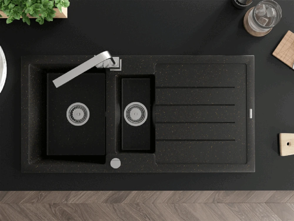Granitinė virtuvinė plautuvė Mexen Andres su maišytuvu ir sifonu, Metallic juodas/auksinis+Chrome