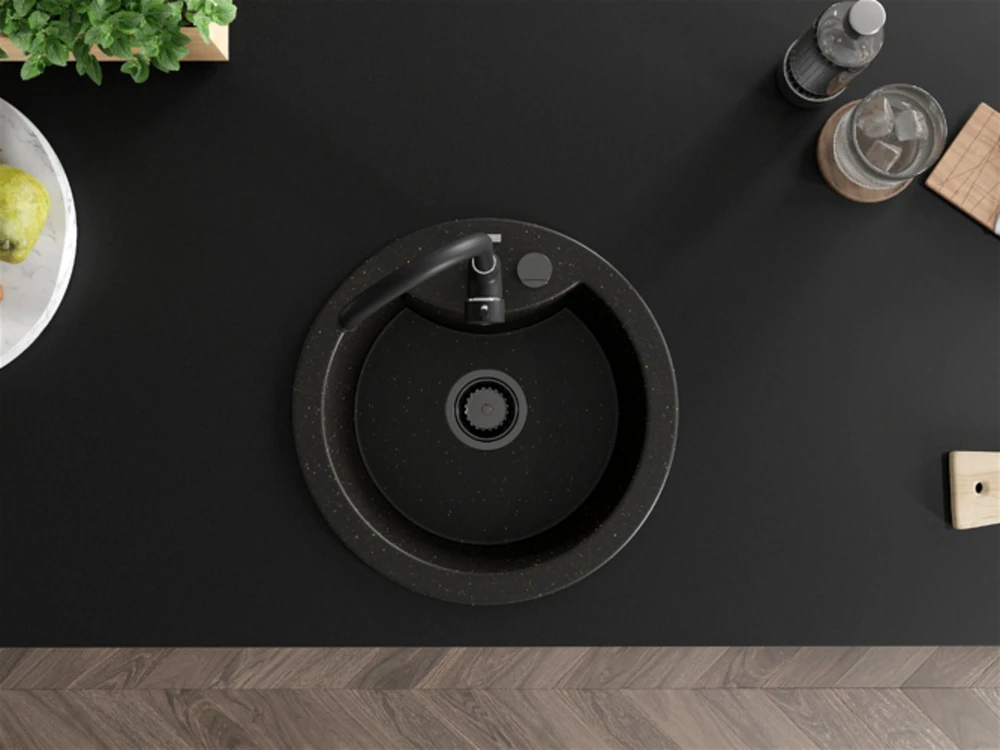 Granitinė virtuvinė plautuvė Mexen Diego su maišytuvu ir sifonu, Metallic juodas/auksinis+Juodas(B)