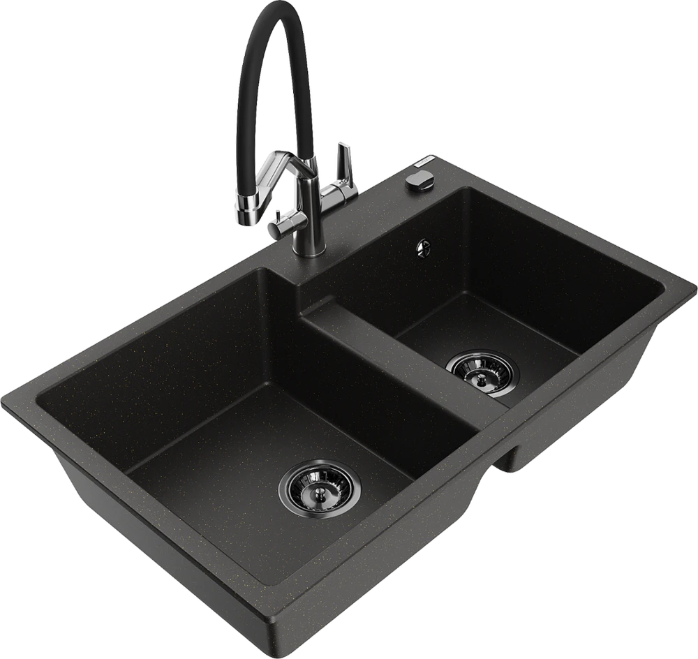 Granitinė virtuvinė plautuvė Mexen Tomas su maišytuvu ir sifonu, Metallic juodas/auksinis+Juodas/Chrome