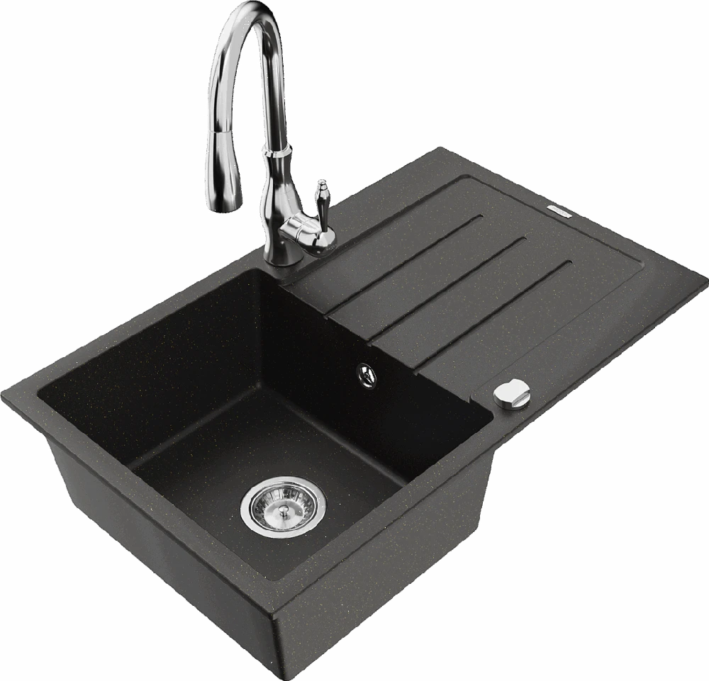 Granitinė virtuvinė plautuvė Mexen Bruno su maišytuvu ir sifonu, Metallic juodas/auksinis+Chrome