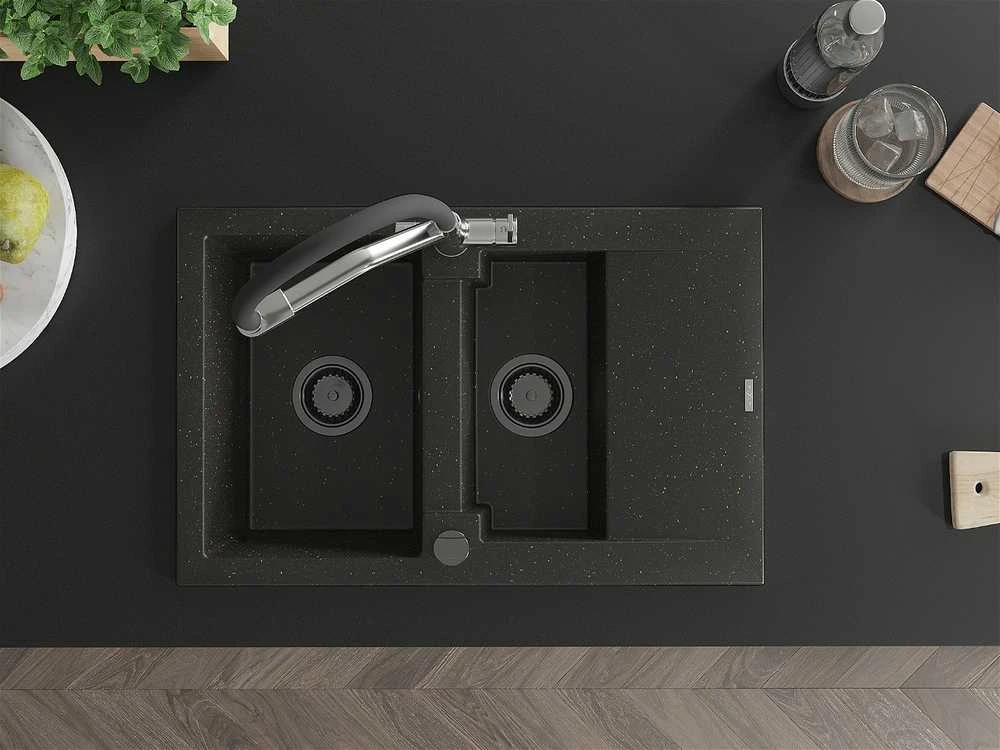 Granitinė virtuvinė plautuvė Mexen Gaspar su maišytuvu ir sifonu, Metallic juodas/auksinis+Juodas/Chrome