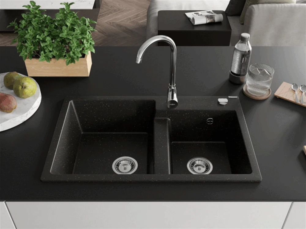 Granitinė virtuvinė plautuvė Mexen Tomas su maišytuvu ir sifonu, Metallic juodas/auksinis+Chrome