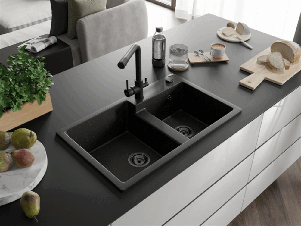 Granitinė virtuvinė plautuvė Mexen Tomas su maišytuvu ir sifonu, Metallic juodas/auksinis+Juodas(B)