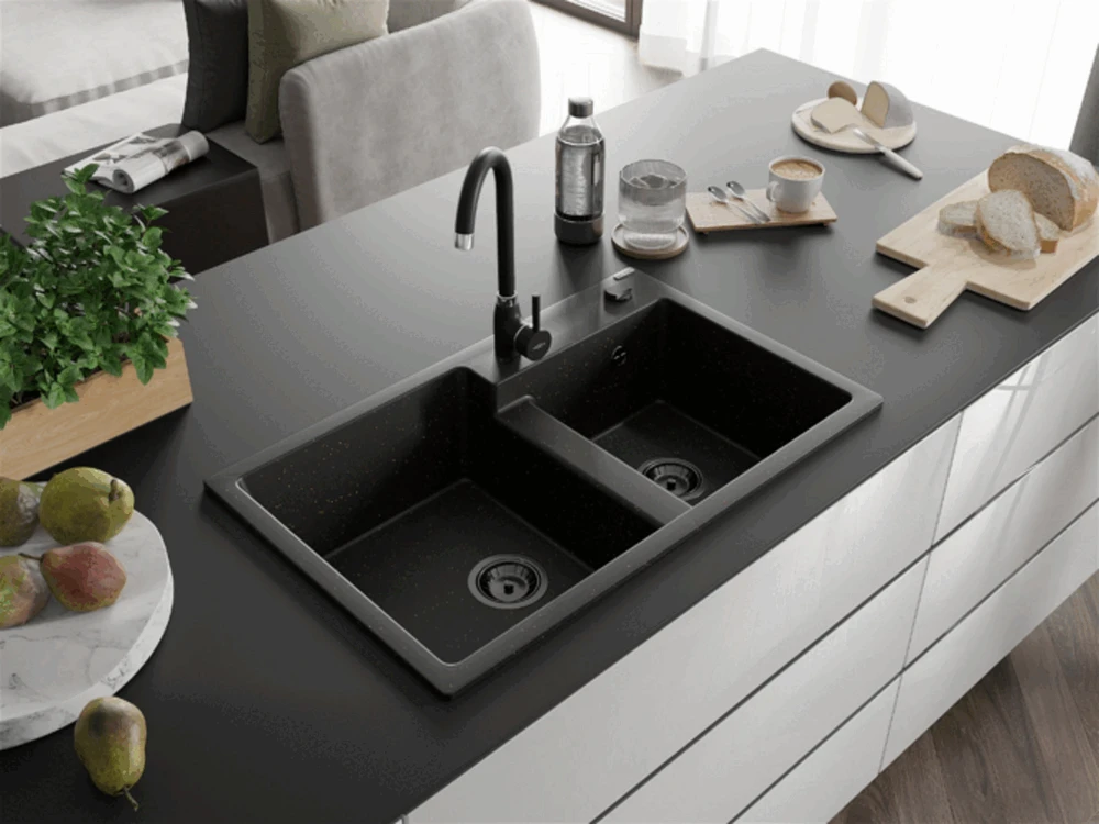 Granitinė virtuvinė plautuvė Mexen Tomas su maišytuvu ir sifonu, Metallic juodas/auksinis+Juodas(B)