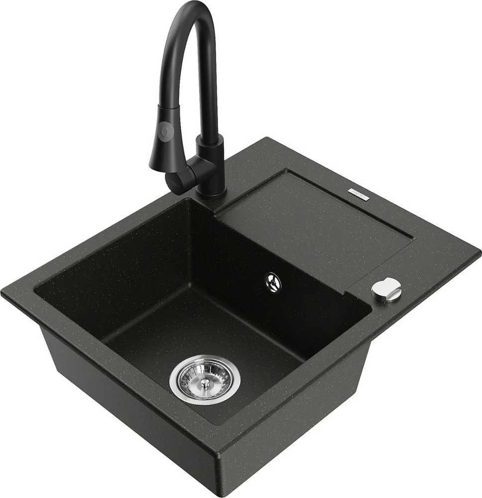 Granitinė virtuvinė plautuvė Mexen Enzo su maišytuvu ir sifonu, Metallic juodas/auksinis+Juodas