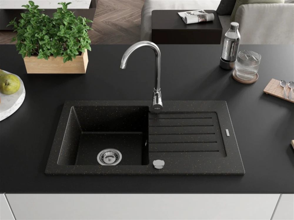Granitinė virtuvinė plautuvė Mexen Pablo su maišytuvu ir sifonu, Metallic juodas/auksinis+Chrome