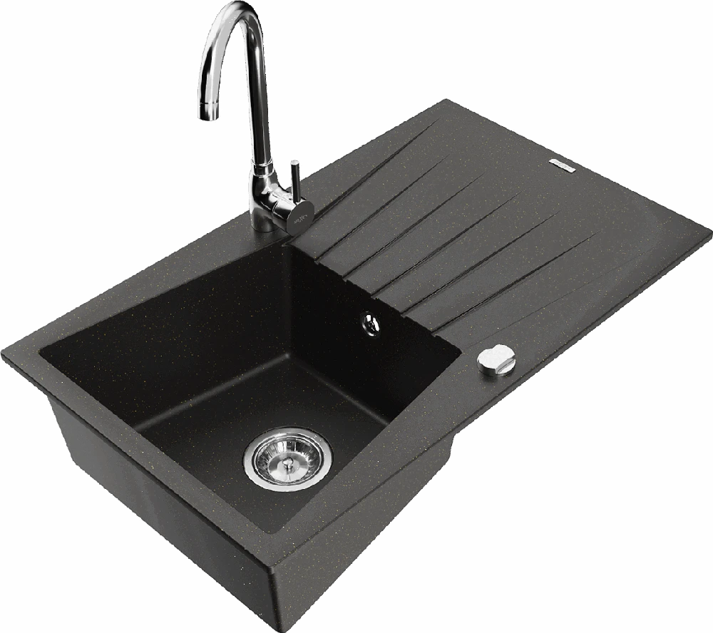 Granitinė virtuvinė plautuvė Mexen Cesar su maišytuvu ir sifonu, Metallic juodas/auksinis+Chrome