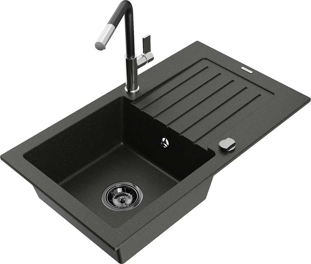 Granitinė virtuvinė plautuvė Mexen Pablo su maišytuvu ir sifonu, Metallic juodas/auksinis+Juodas/Chrome