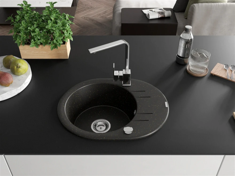 Granitinė virtuvinė plautuvė Mexen Kevin su maišytuvu ir sifonu, Metallic juodas/auksinis+Chrome