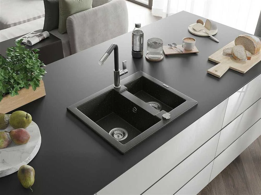 Granitinė virtuvinė plautuvė Mexen Carlos su maišytuvu ir sifonu, Metallic juodas/auksinis+Juodas/Chrome