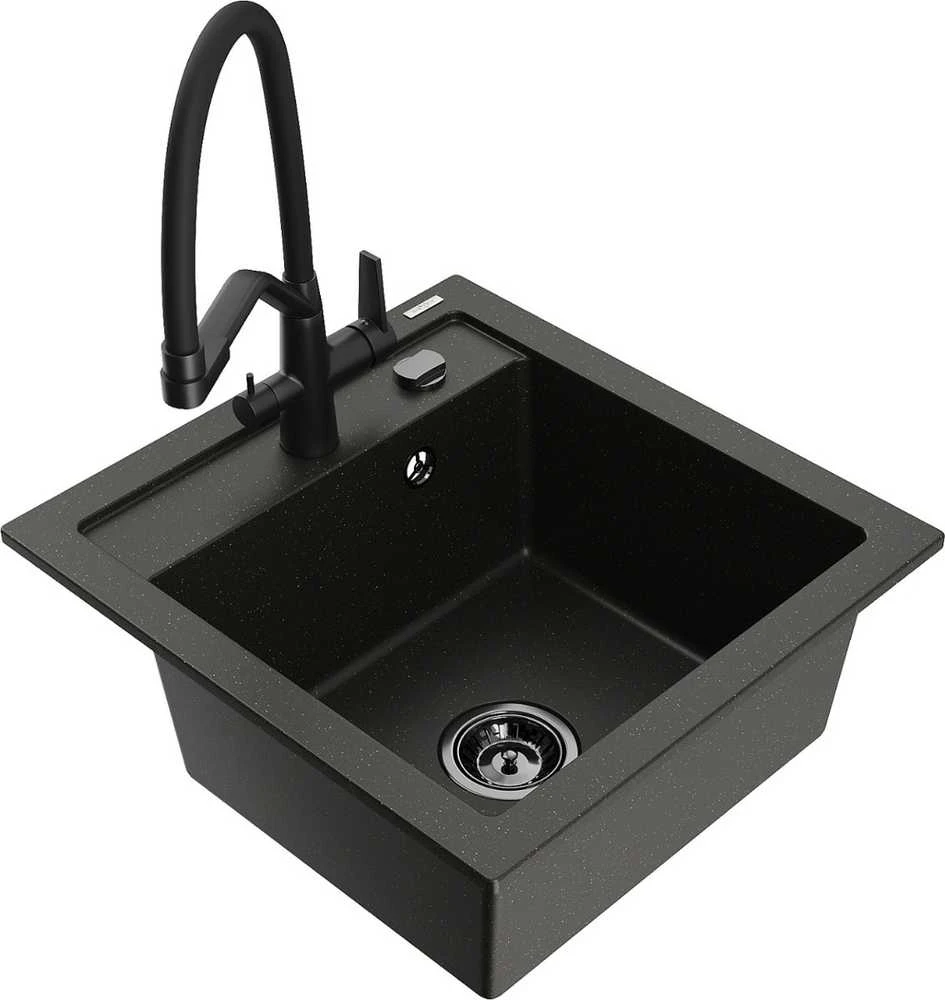 Granitinė virtuvinė plautuvė Mexen Vito su maišytuvu ir sifonu, Metallic juodas/auksinis+Juodas