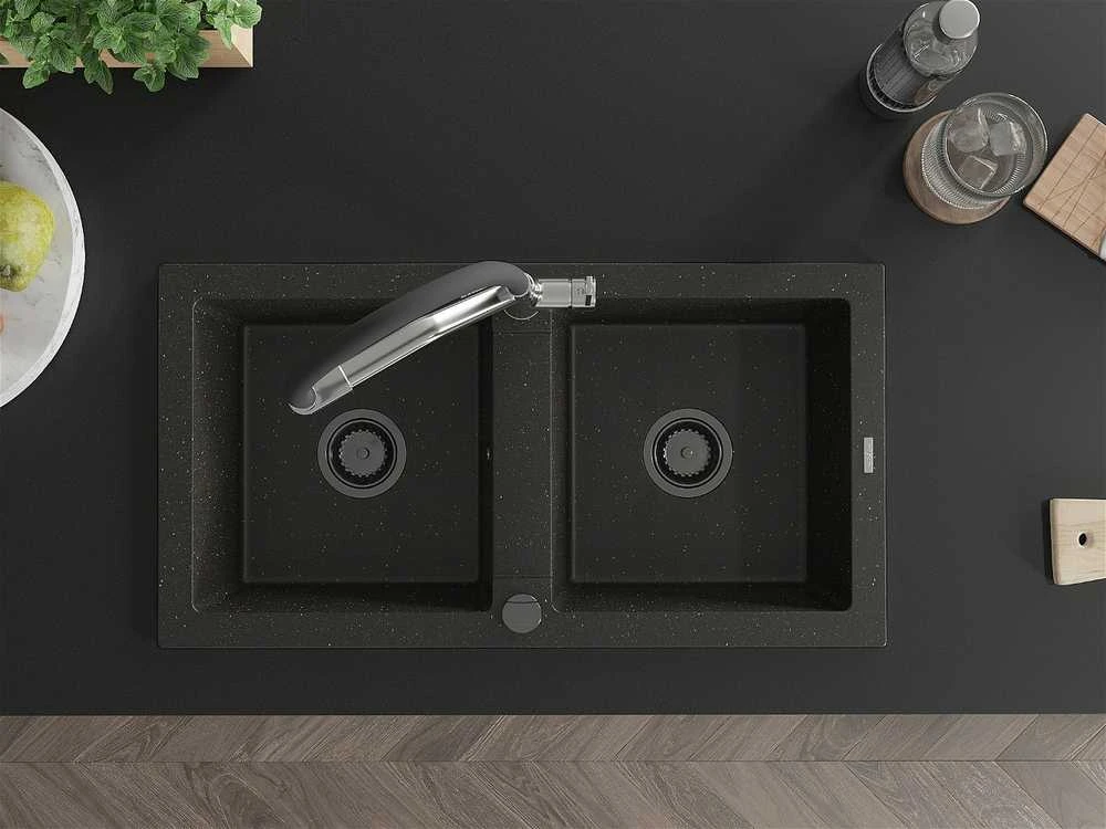Granitinė virtuvinė plautuvė Mexen Mario su maišytuvu ir sifonu, Metallic juodas/auksinis+Juodas/Chrome