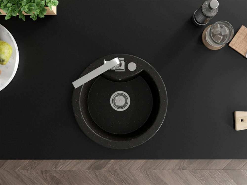 Granitinė virtuvinė plautuvė Mexen Diego su maišytuvu ir sifonu, Metallic juodas/auksinis+Chrome