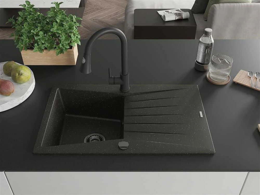 Granitinė virtuvinė plautuvė Mexen Cesar su maišytuvu ir sifonu, Metallic juodas/auksinis+Juodas