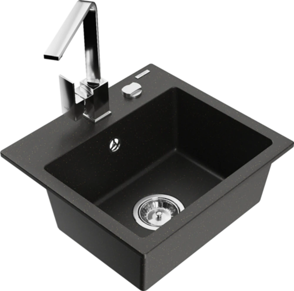 Granitinė virtuvinė plautuvė Mexen Milo su maišytuvu ir sifonu, Metallic juodas/auksinis+Chrome