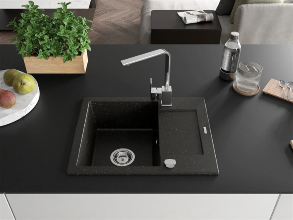Granitinė virtuvinė plautuvė Mexen Enzo su maišytuvu ir sifonu, Metallic juodas/auksinis+Chrome