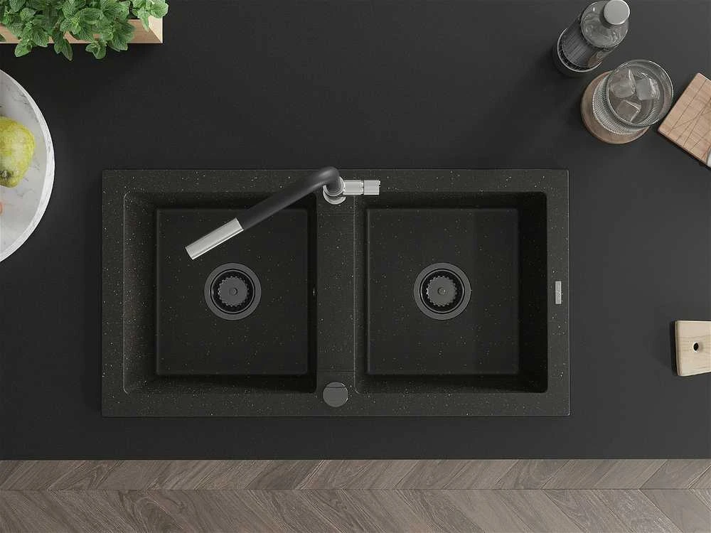 Granitinė virtuvinė plautuvė Mexen Mario su maišytuvu ir sifonu, Metallic juodas/auksinis+Juodas/Chrome