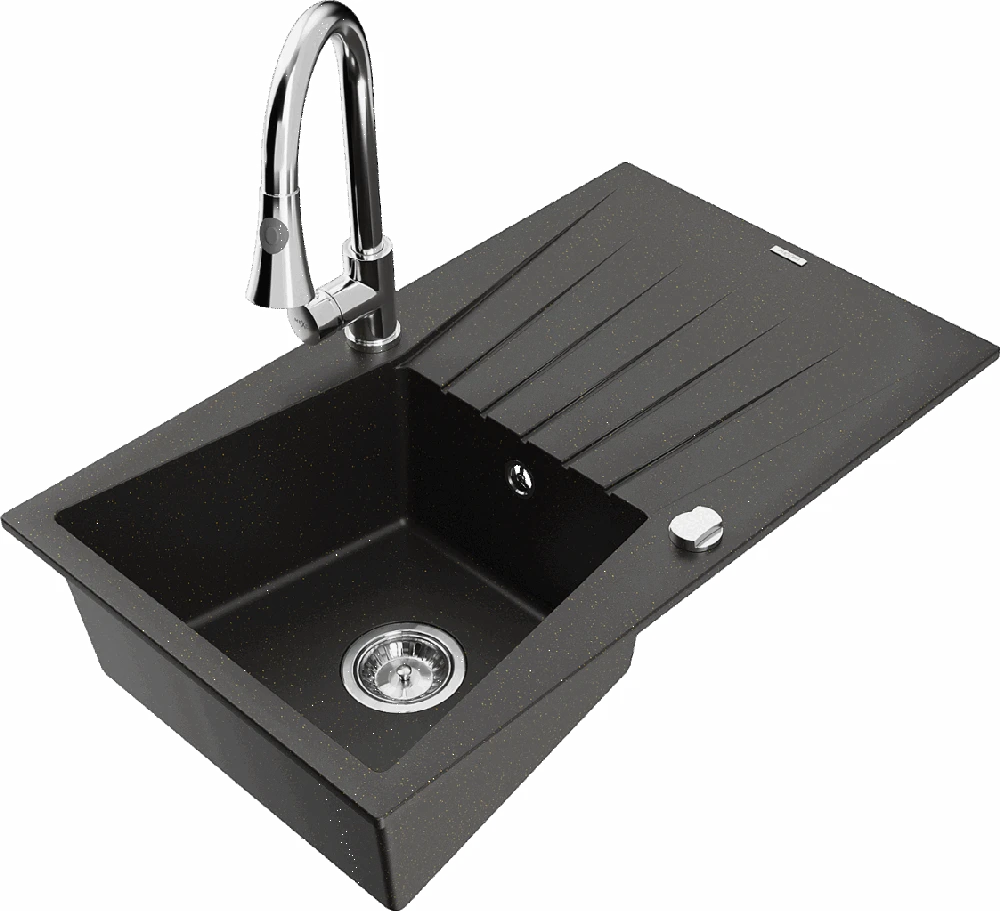 Granitinė virtuvinė plautuvė Mexen Cesar su maišytuvu ir sifonu, Metallic juodas/auksinis+Chrome