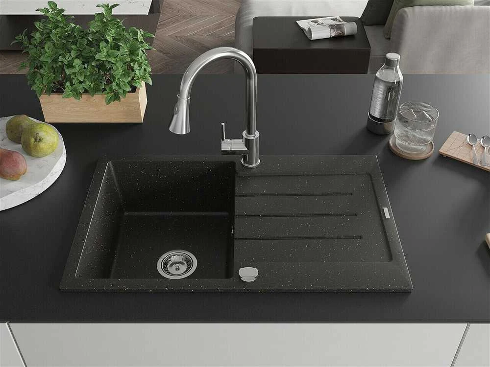Granitinė virtuvinė plautuvė Mexen Bruno su maišytuvu ir sifonu, Metallic juodas/auksinis+Chrome