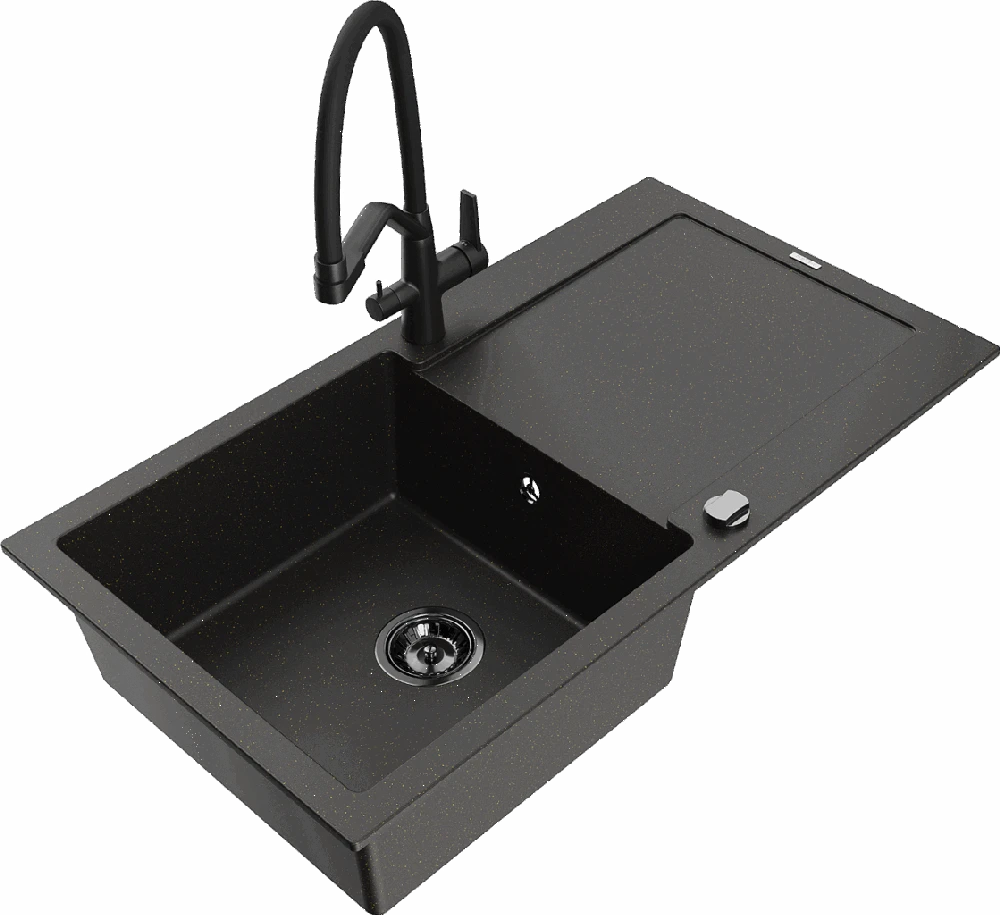 Granitinė virtuvinė plautuvė Mexen Leo su maišytuvu ir sifonu, Metallic juodas/auksinis+Juodas