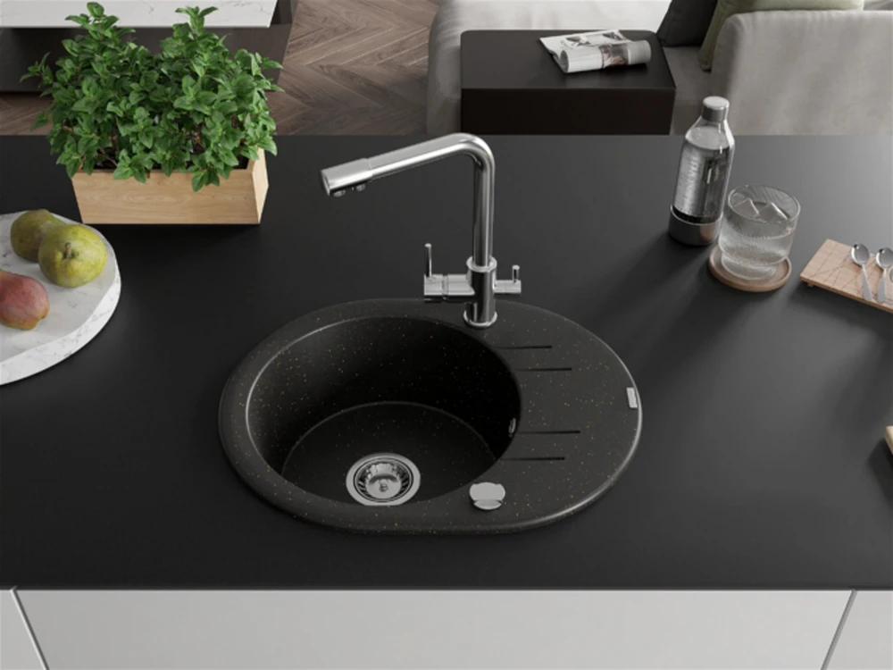 Granitinė virtuvinė plautuvė Mexen Kevin su maišytuvu ir sifonu, Metallic juodas/auksinis+Chrome
